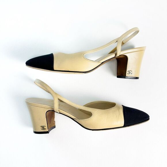 CHANEL Beige & Black Cap Toe Slingback Heels 39 US 8.5 CC Logo Almond Toe - Picture 9 of 14